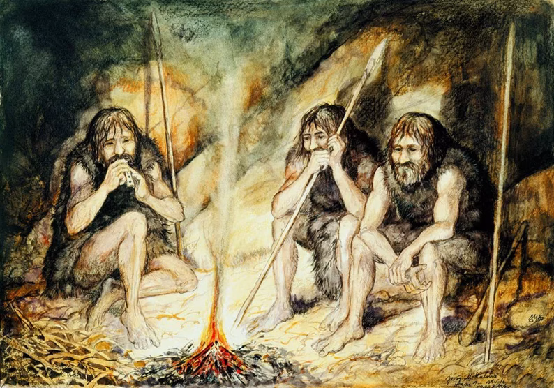 Painting of Cave People Playing the Divje Babe Flute